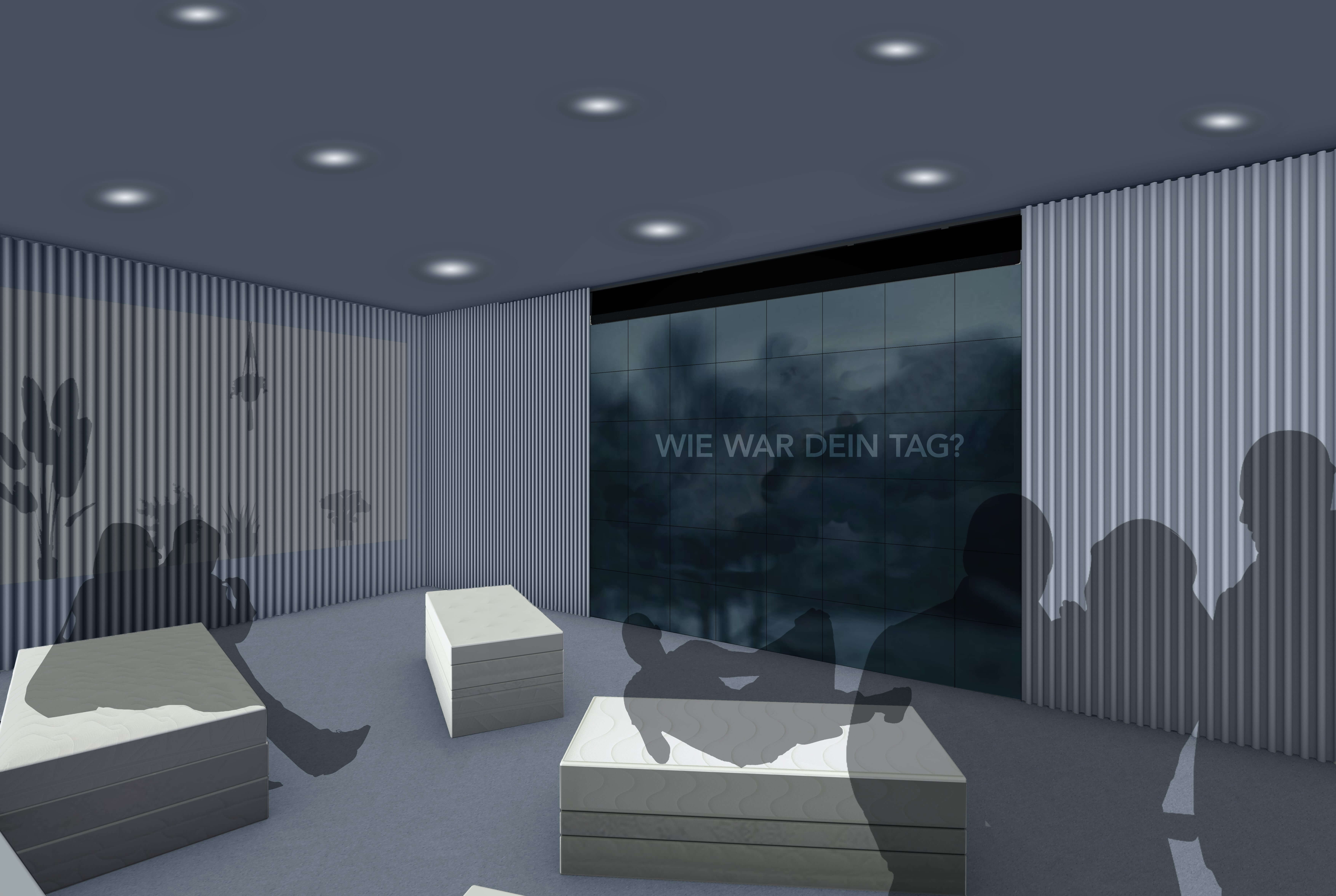 Erster Ausstellungsbereich 'Zeit zum Abtauchen' mit gemütlicher Atmosphäre und Lichtsimulation